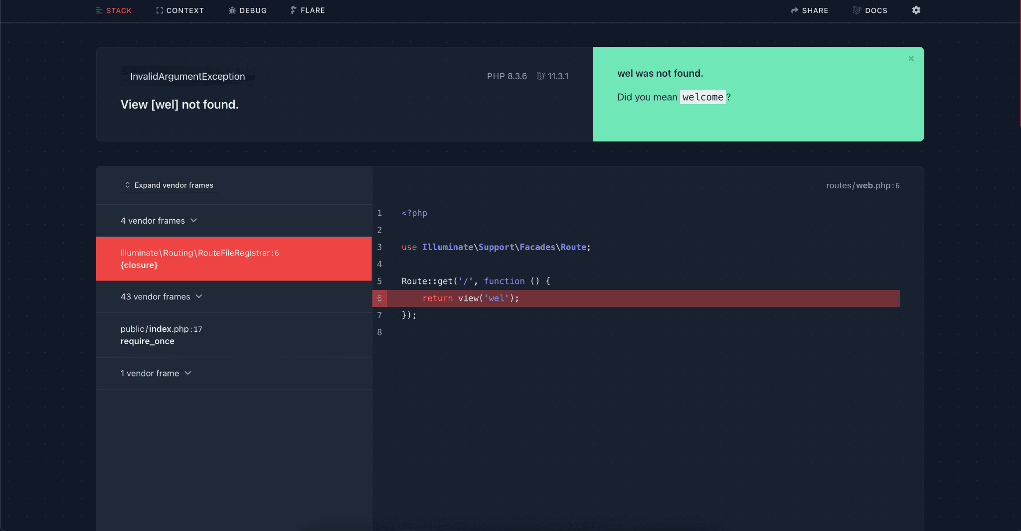 picture of an error page in laravel flare.